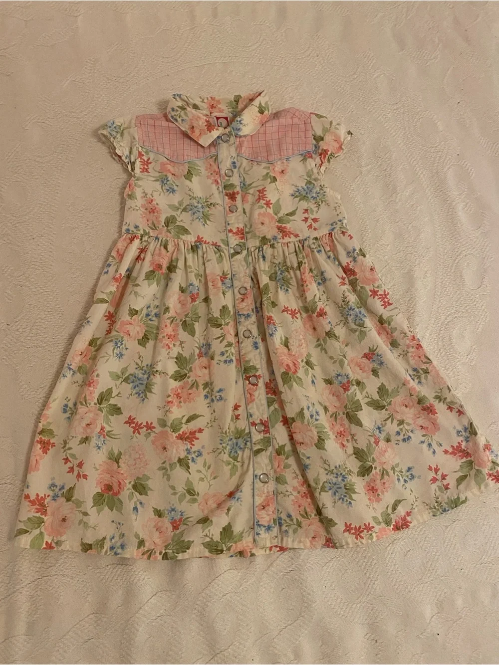 Y2K 90s Floral Cowgirl Button-Front Dress in Cream and Pink